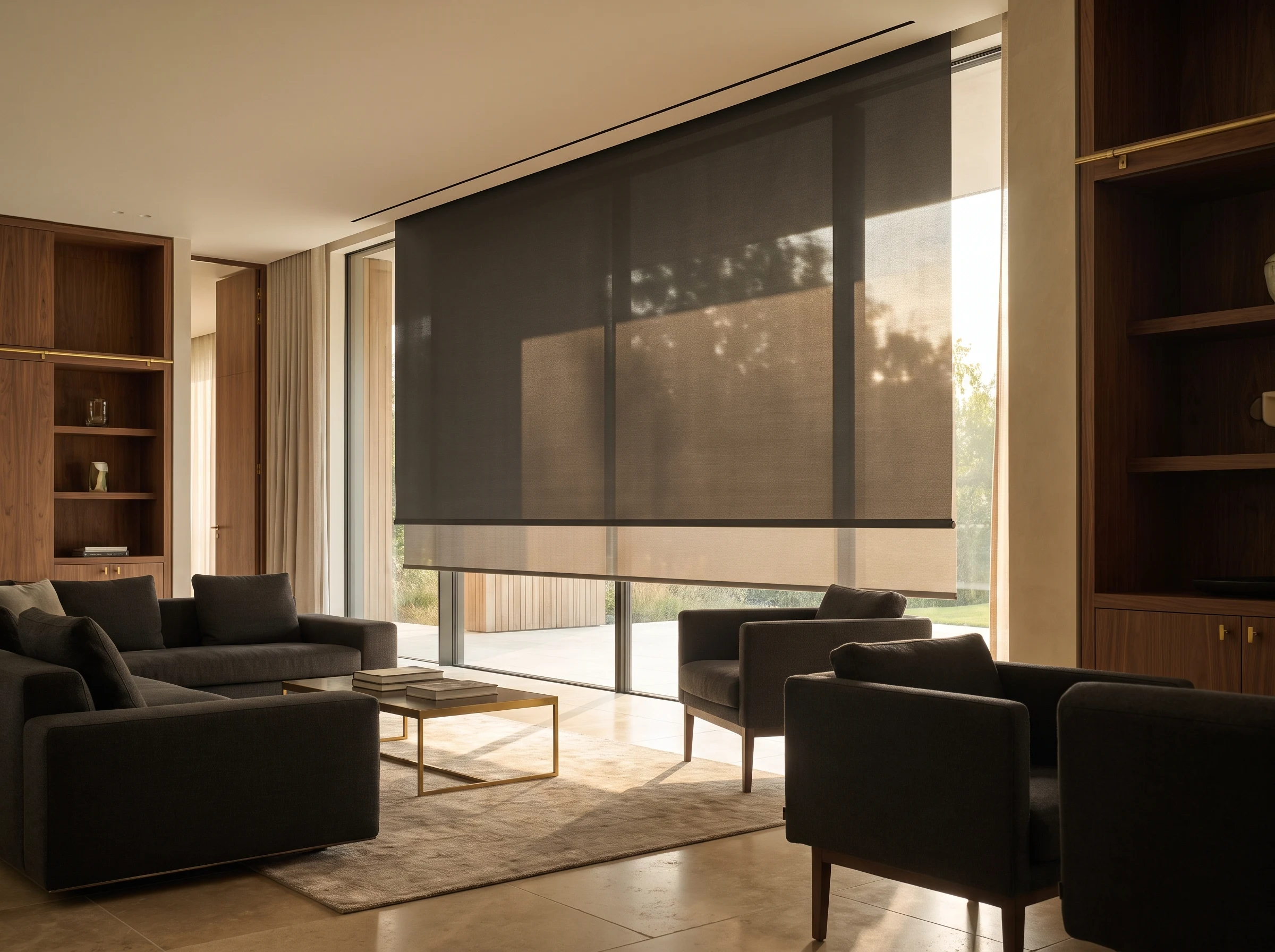 A grand Cape Winelands estate living room with a motorised roller blind recessed into a slim ceiling slot above a frameless glass wall