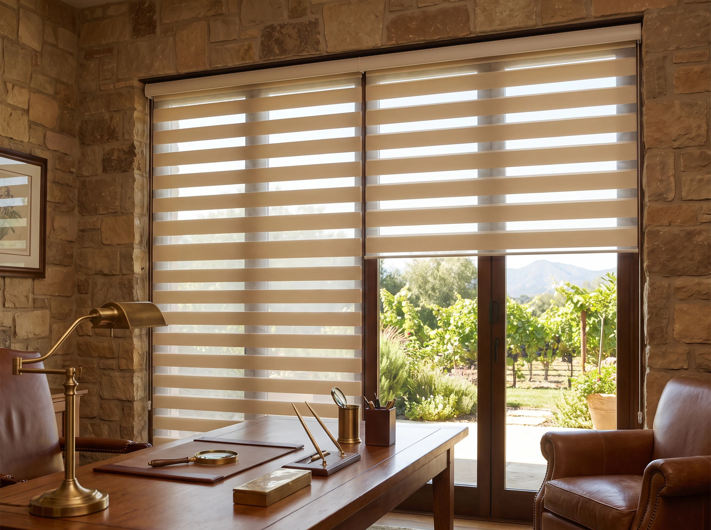 Day-night zebra blind with alternating sheer and solid bands in a study window of a Cape Winelands estate home
