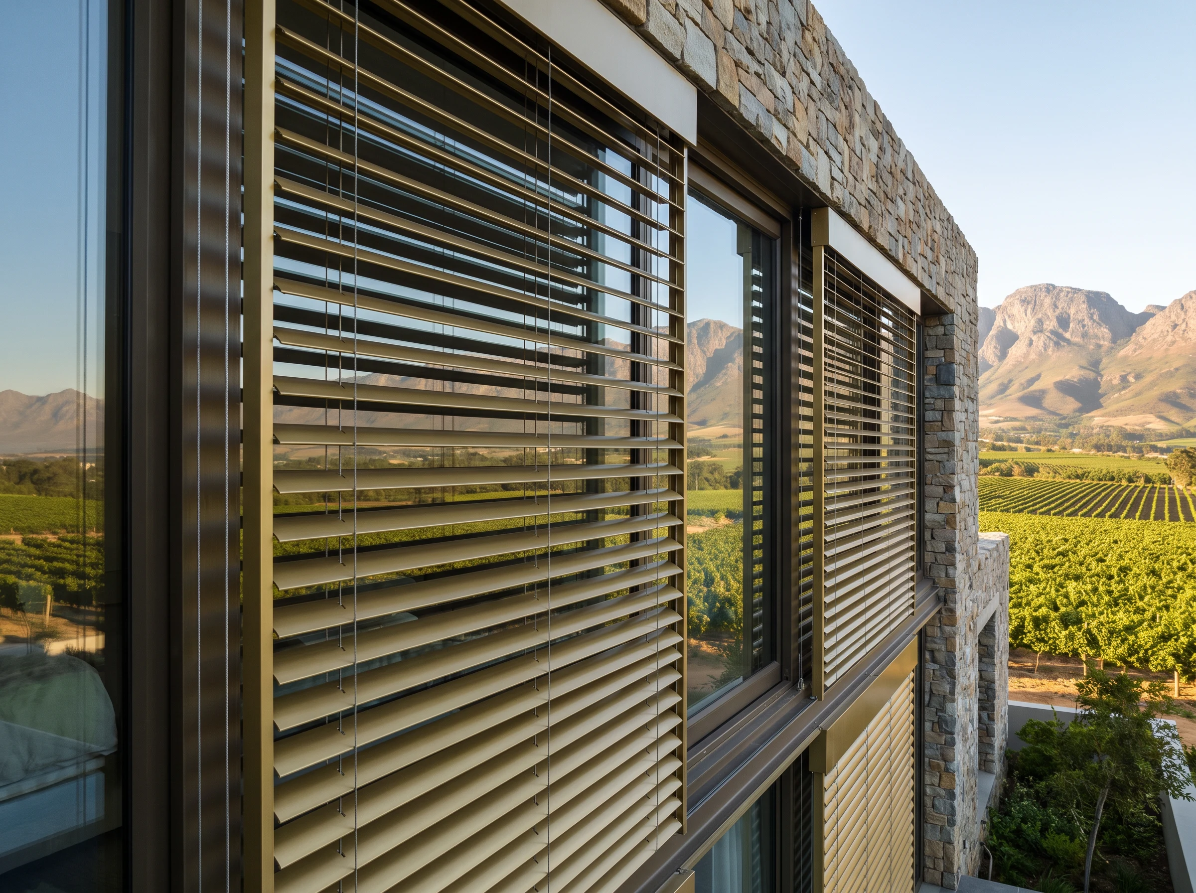 Wide aluminium external venetian blinds shading a glass facade of a Cape Winelands estate home, mountains beyond