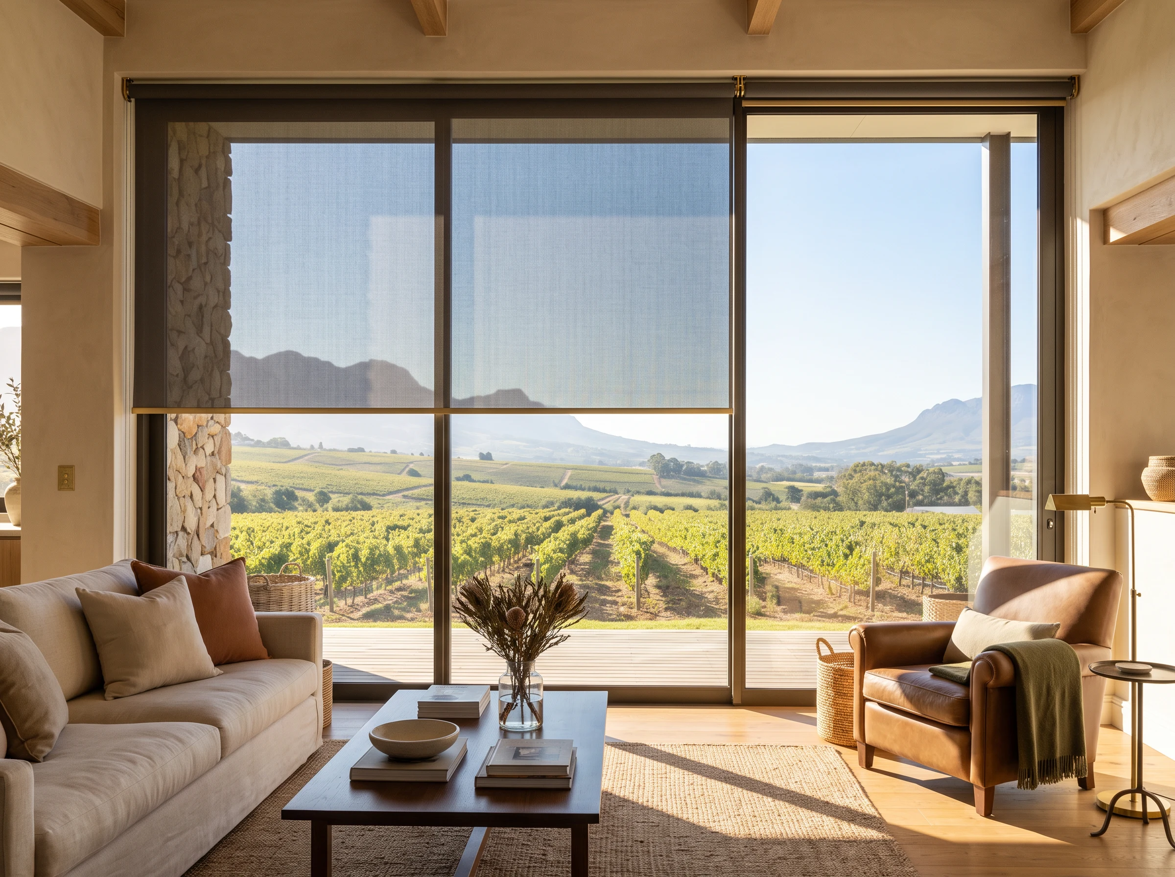 Sunscreen roller blind lowered over a glass wall with a vineyard view in a Cape Winelands estate living room